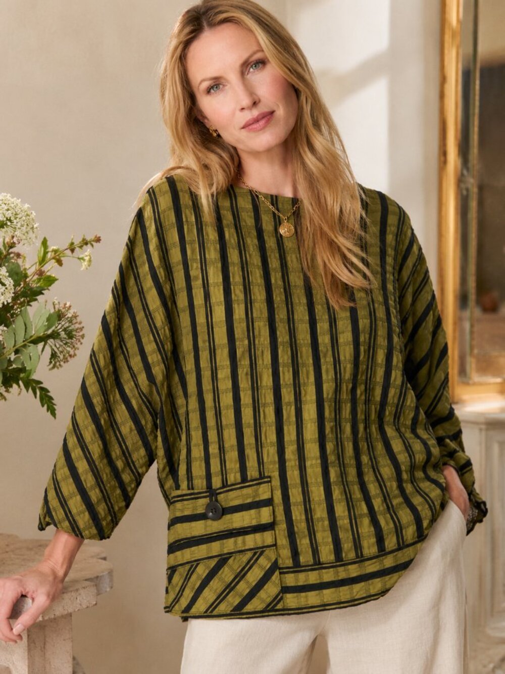 Ali Miles Lagenlook Textured Crinkled Woven Tunic in Olive Green Black Size 1X